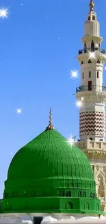 Green dome mosque under blue sky in mobile wallpaper.