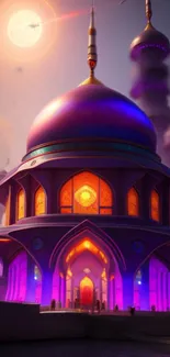 Fantasy mosque with vibrant colors and a mystical sky in a stunning wallpaper.