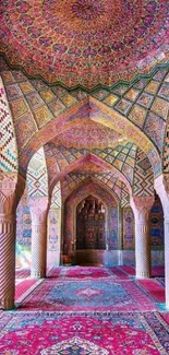 Vibrant mosque interior with colorful arches.