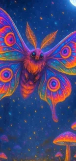 Fantasy moth in vibrant colors with mushrooms under moonlight.