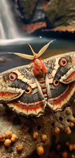 A vibrant moth on a rock, with a serene waterfall background.