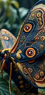 A vibrantly colored moth with intricate patterns resting on a green leaf.