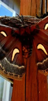 Close-up of a colorful moth on wood surface.