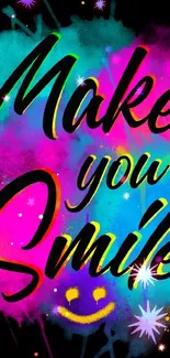 Colorful splash wallpaper with 'Make You Smile' text.