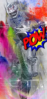 Energetic motocross action with vibrant colors and comic-style graphics.