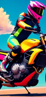 Motorcycle rider in colorful gear on a vibrant bike under a blue sky.