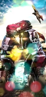 Motocross riders in action with vibrant colors and a dynamic backdrop.