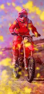 Motocross rider in vibrant red gear on colorful trail.