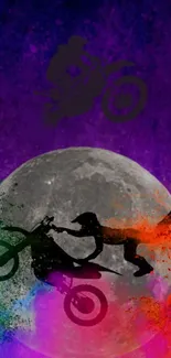 Vibrant motorcycle silhouette in colorful moonlit sky wallpaper.