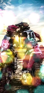 Motocross riders with vibrant sunset and colorful effects.