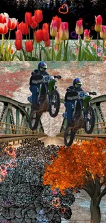 Motocross riders jump amid tulips and vibrant collage.