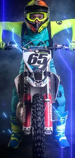 Motocross rider in vibrant gear posing on a bike in dynamic action shot.