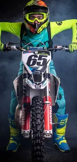 Motocross rider in vibrant neon gear on a motorcycle against a dark blue background.