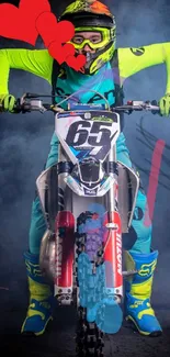 Vibrant motocross rider with neon gear on a blue gradient background.