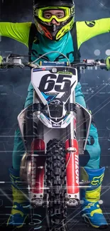 Motocross rider in neon gear on a dirt bike with a digital background.