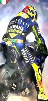 Dynamic MotoGP racer performing on track in vibrant colors with an Italian flag.