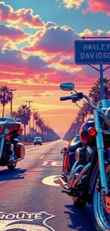Motorbikes on a scenic route during vibrant sunset.