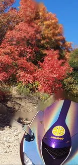 Motorcycle with autumn foliage background in vibrant colors.