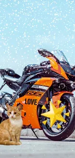 Orange motorcycle and cat in snowflakes under blue sky.