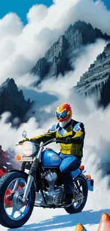 Vibrant art of a motorcyclist riding through mountainous landscape with colorful hues.