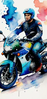 Motorcycle artwork with watercolor background in blue shades.