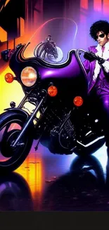 Vibrant wallpaper with motorcycle and stylish rider in purple suit.