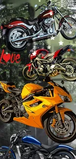 Vibrant motorcycle collage in a forest setting with dynamic colors.