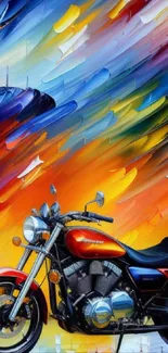 Vivid motorcycle art with colorful abstract backdrop.