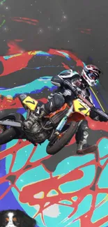 Motorcycle jump in vibrant abstract art style with bright blue and red accents.