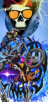 Dynamic wallpaper with motorcycle and skull in vibrant blue hues.