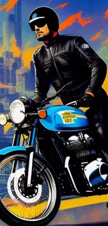 Stylized rider on motorcycle against vibrant city backdrop.