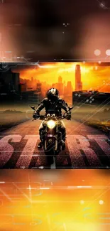 Motorcycle riding into a vibrant orange cityscape with glowing skyline.