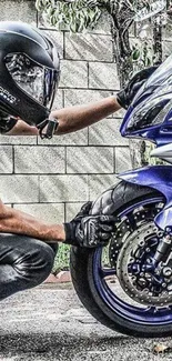 Close-up of a biker with a motorcycle, featuring vibrant blue details.