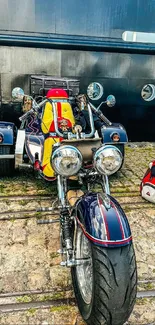 Vivid motorcycle parked beside a ship.