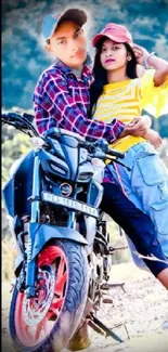 Couple posing with motorcycle on vibrant background.