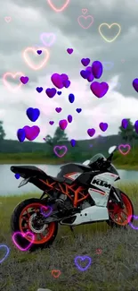 Motorcycle with heart designs by a lake.