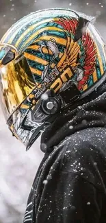 Colorful motorcycle helmet with snowflakes.