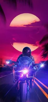 Motorcycle speeding at night with neon lights and sunset.