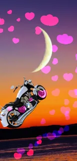 Motorcycle ride under the crescent moon with pink hearts and sunset glow.