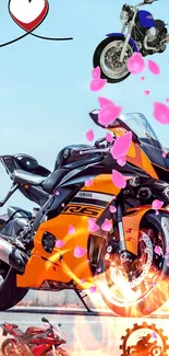 Dynamic orange motorcycle with pink petals and flame effect.