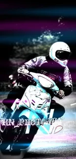 Motorcycle racer in vibrant magenta colors speeding on a road.