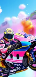 Vibrant motorcycle racing art design with colorful and dynamic elements.