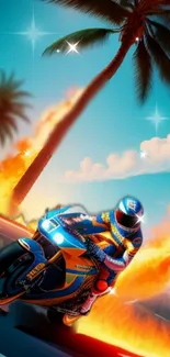 Motorcycle speeding through tropical landscape with vibrant orange and blue hues.