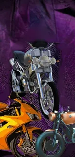 Three detailed motorcycles on a vibrant purple background.