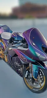 Iridescent purple motorcycle with sleek design and futuristic appeal.