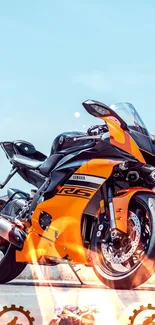 Orange sports motorcycle with dynamic design on mobile wallpaper.