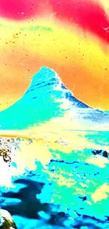 Vibrant abstract mountain art in bright colors.