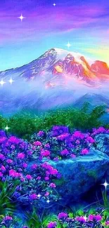 Vibrant mountain and flower landscape wallpaper.