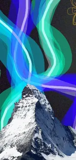 Vibrant abstract mountain art with colorful patterns.