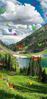 Colorful butterflies over a lush green mountain landscape with a serene lake.